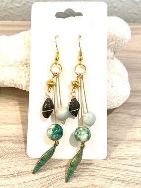 116. Boho Teal and Gold Dangle Earrings with Amazonite beads and shell charms